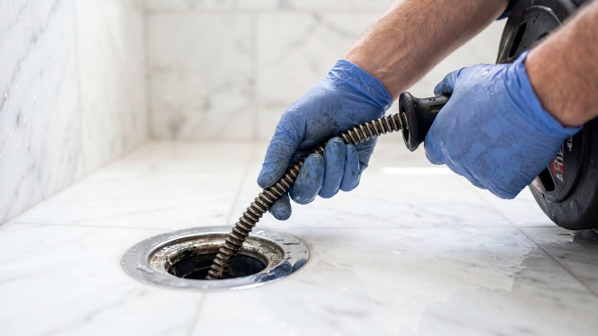 Gloved hands feeding a drain snake into a waste pipe